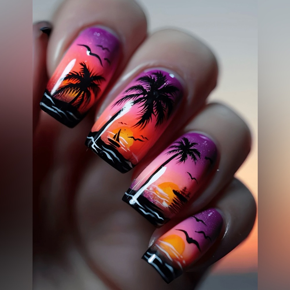 24 pieces Tropical Sunset Press-on Nails Beach Vacay Sunset Palm Trees Vacation